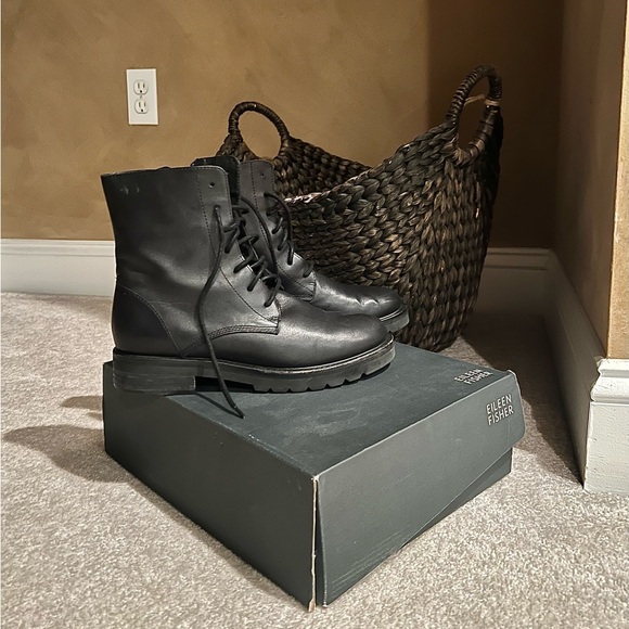 Eileen Fisher Black Leather Combat Boots - Picture 2 of 12
